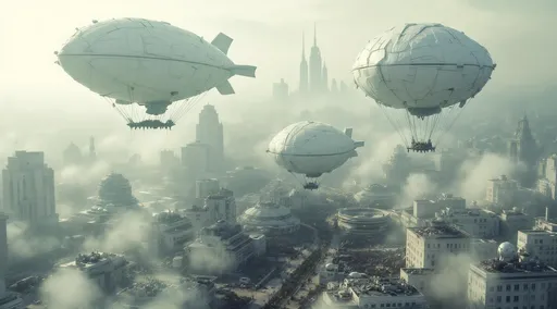 Prompt: An aerial view with three white post-apocalyptic zeppelins that have an unusual almost organic-looking envelope made of what appears to be stitched or patched-together material giving it a rugged improvised aesthetic . The zeppelins are suspended high by ropes above a post-apocalyptic dense suburbia with white futuristic buildings. Piles of waste . The atmosphere is polluted and full of white dust . The sun shines faintly through the white dust casting a dull eerie glow over the desolate scene . In the distance the towering futuristic buildings of the city can be seen .