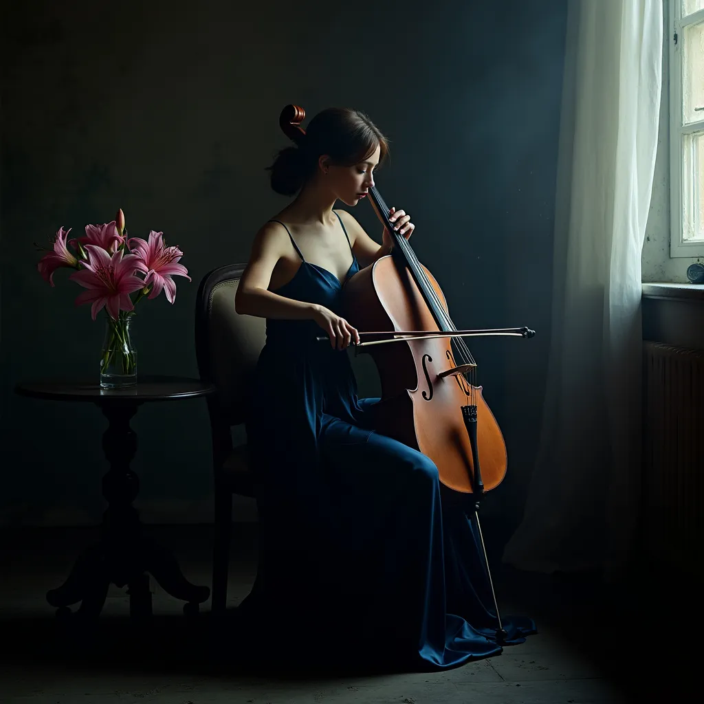 Prompt: In a very dark room a young , beautiful woman wearing a dark blue satin dress with thin straps and an elegant hairstyle sitting on a chair playing the cello . Next to her on a round table there is a vase with pink lilies . The dim light from a window softly illuminates her casting a moody atmosphere . Dust particles float in the air adding to the ethereal ambiance