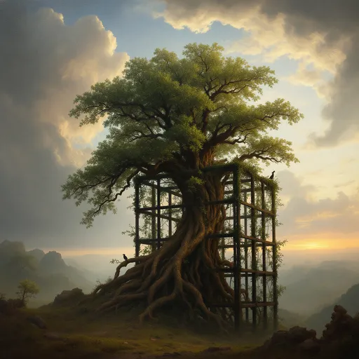 Prompt: A massive, gnarled and lush tree with an intricate web of roots growing in the center of a cubic steel lattice. Mist.  Vines and branches twisted around the steel bars. Lyre birds with long tails perched on the steel rods.  The most striking element is the sky . Thick, billowing clouds stretch across the sky, heavy and textured with tones of grey, brown, and hints of blue. These clouds seem to part just enough to reveal a glowing band of soft, golden-yellow light near the horizon, suggesting either a sunrise or a sunset. This light gently spills across the landscape, casting a muted radiance that enhances the depth and mystery of the scene. The style of 19th-century realism.