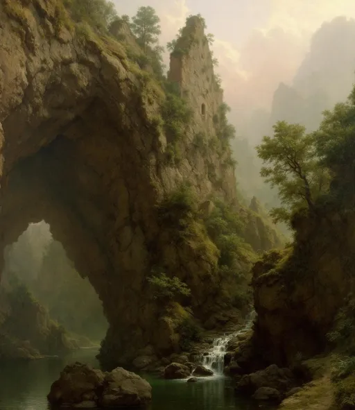 Prompt: A tall, arched, rocky cliff in the foreground covered with thickets and lush, small trees . Ruins . Mist. A green pool. Boulders. A painting in the style of 19th-century realism. Sunlight