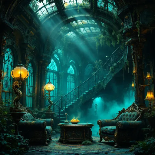 Prompt: An underwater, abandoned and eerie-looking dark hideout with gothic and steampunk-inspired architecture .The room is dimply lit with a bluish-green glow filtering through stained glass windows and a dirty curved glass ceiling with ornate wrought iron frames covered in algae, shellfish and grime . The atmosphere is mysterious with foggy light beams piercing through the air . Ornate , antique lamps shaped like seahorses stand in the foreground covered in rust, marine growth and shellfish . Steampunk sofas and armchairs . Dark-cyan fog .