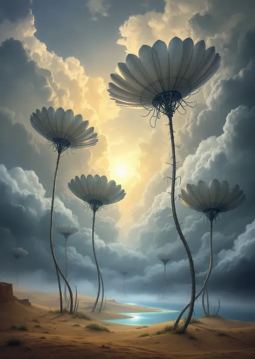 Prompt: Gigantic metal flowers enshrouded in mist and clouds growing up to the clouds sprouting from metal bulbs nestled on golden sand dunes .Sandy cliffs . Mist. A turquoise pond . The most striking element is the sky . Thick, billowing clouds stretch across the sky, heavy and textured with tones of grey, brown, and hints of blue. These clouds seem to part just enough to reveal a glowing band of soft, golden-yellow light near the horizon, suggesting either a sunrise or a sunset. This light gently spills across the landscape, casting a muted radiance that enhances the depth and mystery of the scene. The style of 19th-century realism.