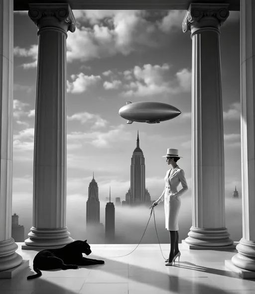 Prompt: A perspective framed by four enormous Greek columns, an open platform overlooking a cloud-covered city with towering skyscrapers. One column partially visible stands prominently in the foreground while the other three recede into the background. The statue of David on a pedestal. Rising from the misty cityscape a towering Art Deco skyscraper dominates the skyline. Above partially visible between the columns in the foreground a massive retro-futuristic metallic zeppelin floats silently. On the platform a slender woman wearing a tight white knee-length skirt and a black tailored suit with large white lapels, a huge hat with very wide, flat brims, elbow-length white gloves, stockings and high-heeled shoes holding  a long cigarette holder with a lit cigarette is elegantly walking a black panther on a leash. Another majestic black panther lies stretched out next to a column. Mist. Dramatic sky at sunset. Dramatic lighting. Dramatic shadows. Black and white
