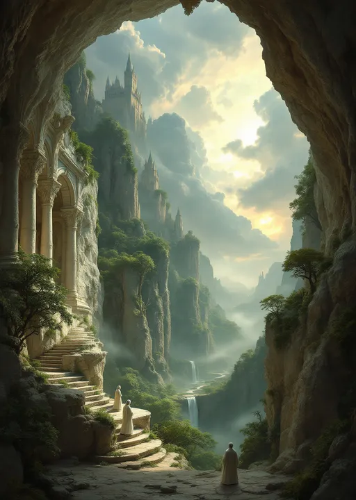 Prompt: The interior of a temple carved into a white stone huge cave with ornate columns and arches sculpted from the same white rock. White robed priests with white hair. The cave opens to a breathtaking view of rocky cliffs covered with an enchanted , mysterious, lush forest with gnarled, lush, magical trees with tangled web of roots emerging from the ground . In the distance a towering fairy tale style castle. Mist. Waterfalls. The most striking element is the sky . Thick, billowing clouds stretch across the sky, heavy and textured with tones of grey, brown, and hints of blue. These clouds seem to part just enough to reveal a glowing band of soft, golden-yellow light near the horizon, suggesting either a sunrise or a sunset. This light gently spills across the landscape, casting a muted radiance that enhances the depth and mystery of the scene. The style of 19th-century realism.