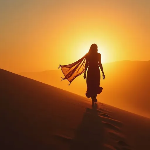 Prompt: The silhouette of a beautiful woman with an Arab scarf walks on a dune walks against the sunset , mist