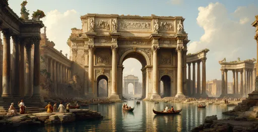 Prompt: A scene in the style of 19th-century realism that depicts a grand and romanticized scene of ancient Roman ruins, partially submerged by a canal. The architecture is monumental, featuring a ruined large triumphal arch at the center, richly decorated with bas-reliefs and ornate carvings. Flanking the arch are massive colonnades with tall Corinthian columns supporting crumbling entablatures, suggesting the passage of time and decay.

The scene is animated with human activity: small boats and gondolas navigate the canal, carrying passengers dressed in historical attire, hinting at a setting that blends classical antiquity with a more modern (perhaps 18th-century) interpretation. The water reflects the monumental structures, enhancing the dreamlike atmosphere.

In the background, another archway and more ruins are visible, leading the viewer’s eye deeper into the composition. The sky is softly lit, with gentle clouds suggesting late afternoon light, casting warm tones on the stone structures and water.

Overall, the scene conveys a romantic and nostalgic view of ancient Rome, blending grandeur, decay, and human life into a harmonious and picturesque composition.