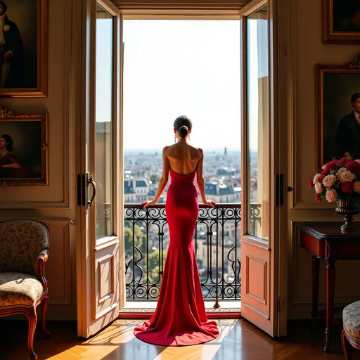 Prompt: A luxurious Parisian hotel room with an open view through two grand doors leading to a balcony . A beautiful woman with an elegant hair style in a red backless gown stands elegantly leaning forward over the wrought-iron railing with both hands kept apart on the railing as she gazes at the breathtaking cityscape . Inside the room exquisite paintings adorn the walls and a rich mix of flowers rests in a vase on a polished table adding to the opulent ambiance . The scene evokes a sense of timeless elegance . Golden sunlight 