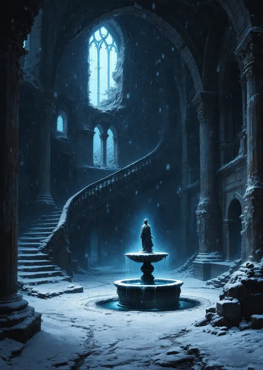 Prompt: The snow-powdered dark hall of a  dark, ruined castle with collapsed roof allowing heavy snowfall to pour inside. Arched  windows let in a cold blue light . Columns . Statues . A fountain with a statue. Mist. Snow blown by the wind.  Haunting, ethereal beauty . Night . Mysterious atmosphere. The style of 19th-century realism.