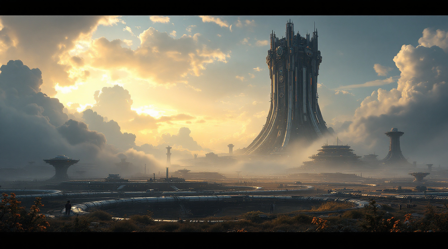 Prompt: A tall sci-fi tower piercing the clouds in the middle of a vast field of intricate network of pipes , platforms , mist , golden sunlight





