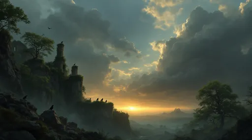Prompt: Ruins of a castle overgrown with vegetation . Rocky cliffs covered with vegetation . Rocks and debris .Lushy trees . Crows perched on branches . Mist. The most striking element is the sky . Thick, billowing clouds stretch across the sky, heavy and textured with tones of grey, brown, and hints of blue. These clouds seem to part just enough to reveal a glowing band of soft, golden-yellow light near the horizon, suggesting either a sunrise or a sunset. This light gently spills across the landscape, casting a muted radiance that enhances the depth and mystery of the scene.