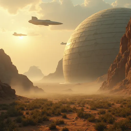 Prompt: A partially visible sci-fi dome building  , ships hovering in the air , rocky cliffs , a desert field with  alien  plants grown in rows , mist , lit by golden sun