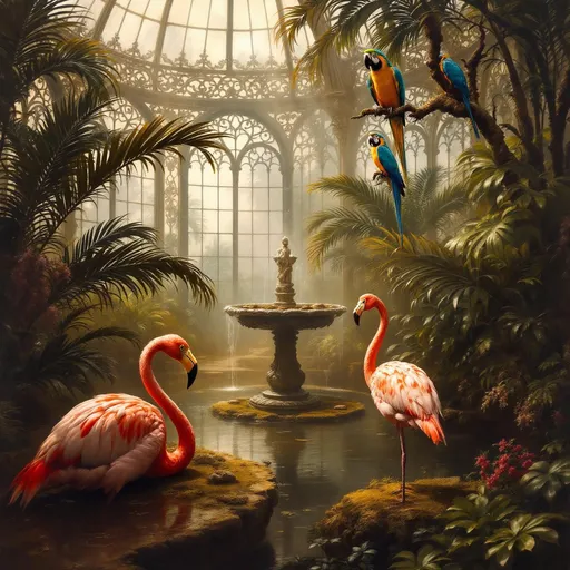 Prompt: A painting in the style of 19th-century realism.  A huge, dark, hazy Victorian greenhouse with arched, dirty, stained, weathered windows with richly decorated wrought iron frames shaped like intricate filigree featuring delicate curls and lace-like metalwork. A spout fountain with a statue and a basin on the floor shaped like a seashell filled with mossy, wet rocks. Lush tropical plants and palms. A flamingo balanced on one leg its head gently tucked beneath its wing. Perched on branches lyre birds with long tails. Perched on a branch a blue Ara Macaw parrot. Golden sunlight. Sunlight shafts.