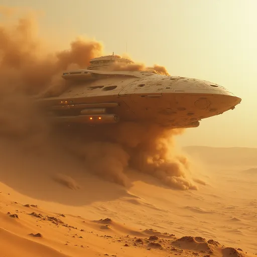 Prompt: A sci-fi spaceship covered with sand emerges vertically from the depths of a massive sand dune . Tons of sand cascade off its hull as it breaks through the surface revealing its sleek futuristic design . Dust swirls around the rising vessel . Sunlight. Mist.