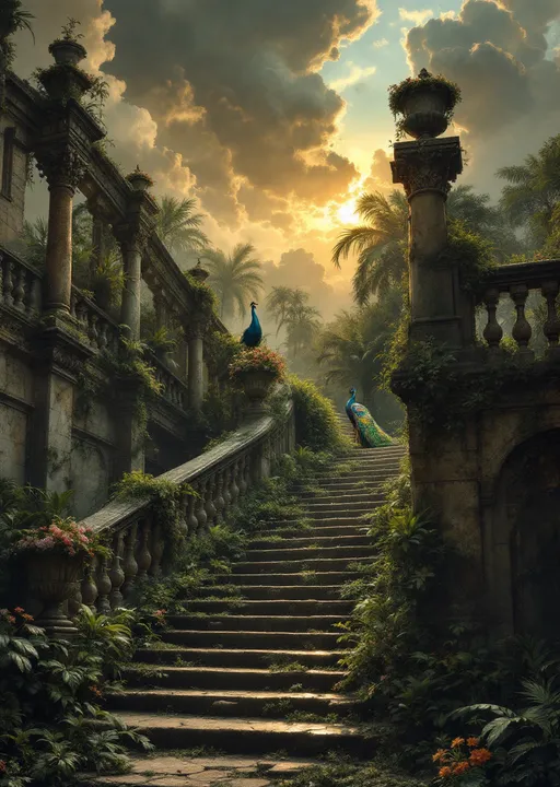 Prompt: A crumbling staircase of a ruined palace. The staircase has ornate stone balustrades decorated with stone urns filled with withered flowers. Lush tropical plants coil around the ornate pillars of the balustrades. A huge peacock stands gracefully on the steps. Lush tropical plants , flowers and palms. Mist. A ruined fountain with a statue covered in moss . The most striking element is the sky . Thick, billowing clouds stretch across the sky, heavy and textured with tones of grey, brown, and hints of blue. These clouds seem to part just enough to reveal a glowing band of soft, golden-yellow light near the horizon, suggesting either a sunrise or a sunset. This light gently spills across the landscape, casting a muted radiance that enhances the depth and mystery of the scene. The style of 19th-century realism.