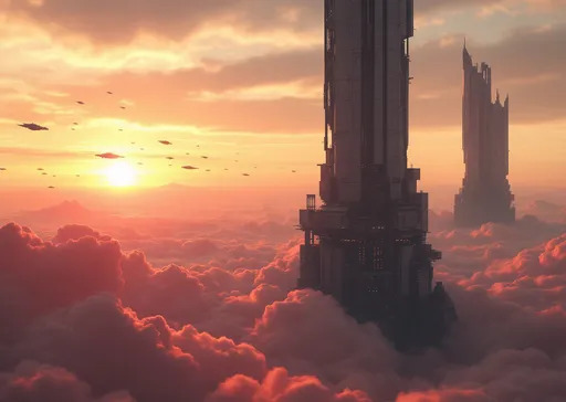 Prompt: An impressive sci-fi landscape dominated by colossal towering megastructures rising above a sea of reddish-orange-pink wind-smeared clouds . The sun positioned near the horizon casts a diffuse and warm light creating an enigmatic atmosphere with golden and reddish tones in the dense air . In the foreground a massive, towering , imposing , sleek and thin building rises near the edge of the image. Its surface is covered with complex metallic structures, panels and industrial details suggesting an advanced vertical metropolis. The edges are sharp and the architectural details are minimalist yet functional evoking a cyberpunk or futuristic brutalist style . In the background two other colossal thin megastructures emerge from the smeared atmospheric haze offering a sense of depth and vastness . Thin lines enhance the feeling of advanced technology . In the sky swarms of small spacecrafts fly in precise formation indicating an extremely organized and technologically superior civilization . Overall the scene conveys an atmosphere of isolation but also technological grandeur . Reddish-orange-pink wind-smeared mist . Sunset.