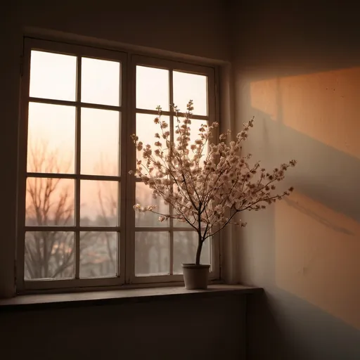 Prompt: soft and dim sunset light enters the window of a simple room. Outside we can see a flowering tree. Sad and melancholic atmosphere