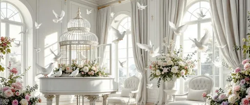 Prompt: A large, ornate, white birdcage with its door open placed on top of a white piano in a sumptuous white parlor with white furniture and tall windows. A few elegant fantail white doves with rounded, twisted tail feathers- some perched on the furniture, others fluttering in the air to an open window or still inside the cage. Lavish bouquets of flowers. An open window with billowing curtains. Sunlight. A painting in the style of 19th-century realism.