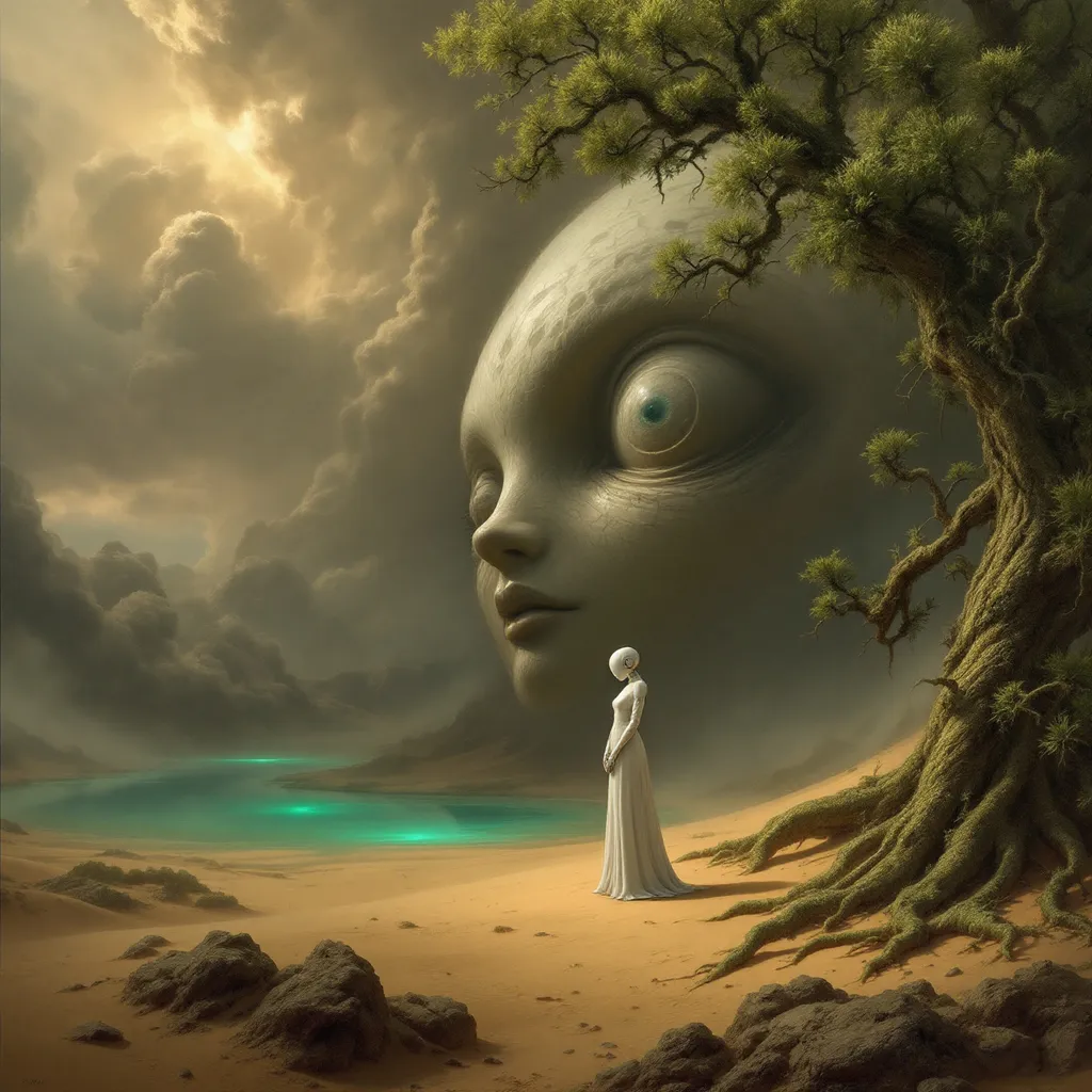 Prompt: A white female robot with her head bowed in front of a gigantic sculpture shaped like an eye in the middle of sand dunes covered by an enchanted, mysterious, lush forest with gnarled, lush, magical trees with tangled web of roots emerging from the ground. Mist. A turquoise pond. The most striking element is the sky . Thick, billowing clouds stretch across the sky, heavy and textured with tones of grey, brown, and hints of blue. These clouds seem to part just enough to reveal a glowing band of soft, golden-yellow light near the horizon, suggesting either a sunrise or a sunset. This light gently spills across the landscape, casting a muted radiance that enhances the depth and mystery of the scene. The style of 19th-century realism.