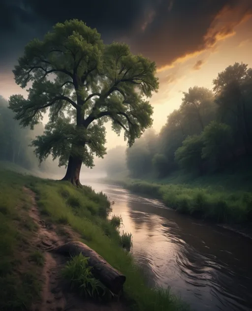 Prompt: The slopes of a forest descend to a river that flows quietly. A big oak stands above the river. Dense and dark forest. Mist . Scene lit by sunset . Dramatic sky