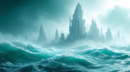 Prompt: White sci-fi buildings shrouded in mist rising in the middle of stormy turquoise ocean. Sunlight .