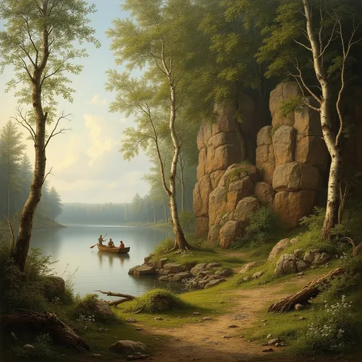 Prompt: A detailed and atmospheric landscape  likely in the style of 19th-century realism. The scene portrays a tranquil forested area with a rocky cliff, a calm body of water, and a soft, diffused light creating depth and warmth.
The foreground is rich with vegetation, including lush green grass, moss, and small plants growing among scattered rocks and fallen branches. There are a few slender birch trees with white, textured bark, their delicate trunks curving slightly as they reach upward. The ground appears slightly damp and shaded, with patches of sunlight filtering through the dense canopy of trees.
The middle of the landscape features a prominent rock formation—large, rugged cliffs with earthy tones of brown, gray, and hints of red. The rocks are partially covered with greenery, and some areas appear weathered or eroded. A fallen tree trunk rests against the rocks, adding a natural element of decay and renewal.
To the left, a break in the tree line opens to a calm lake or river. Two figures in a small wooden boat are paddling across the water, dressed in simple clothing. Their presence gives a sense of scale to the landscape and adds a human element to the otherwise untouched wilderness.
The background consists of a distant tree line bathed in soft, golden light, suggesting either early morning or late afternoon. The sky is painted with subtle hues of blue and light clouds, giving a serene and peaceful atmosphere. The trees in the distance are slightly blurred, adding a sense of depth and realism.