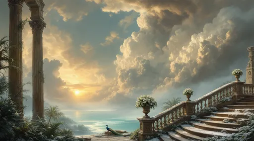 Prompt: A ruined and crumbling palace with tall windows covered in snow with staircases with ornate stone balustrades decorated with stone urns filled with white flowers. Lush tropical plants and palms . A peacock stands gracefully on the steps . A frozen turquoise pond .Mist. A ruined fountain with a sttaue covered in moss . The most striking element is the sky . Thick, billowing clouds stretch across the sky, heavy and textured with tones of grey, brown, and hints of blue. These clouds seem to part just enough to reveal a glowing band of soft, golden-yellow light near the horizon, suggesting either a sunrise or a sunset. This light gently spills across the landscape, casting a muted radiance that enhances the depth and mystery of the scene. The style of 19th-century realism.