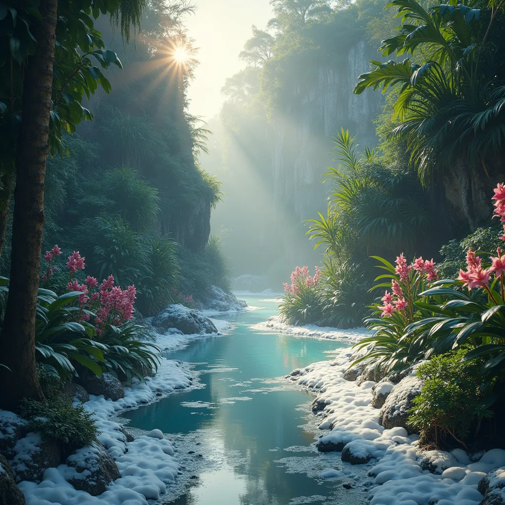 Prompt: A puddle surrounded by cliffs covered in frost and snow. Lush, tropical jungle with palms, ficuses , philodendrons , tropical flowers , orchids, pink lilies  . A frozen puddle of water . Mist. Sunlight .