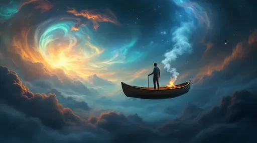 Prompt: A surreal and imaginative scene that blends cosmic wonder with dreamlike fantasy.
A man stands in a small wooden rowboat, floating not on water but through a vast, celestial sea of vibrant colors and swirling cosmic clouds. The boat appears suspended in midair, navigating a dreamy, otherworldly space. Smoke billowing from a small fire lit in the boat .
The backdrop is a spectacular explosion of colors—vivid oranges, reds, yellows, and golds dominate the lower half of the scene, resembling a fiery sunset or the swirling gases of a nebula. The upper part transitions into deeper hues—cool blues, greens, purples, and blacks—evoking the cold vastness of outer space. White and pale pastel clouds curl and billow throughout the sky, blending seamlessly with the other colors in an almost painterly fashion.
Tiny points of light scattered across the dark background resemble stars, enhancing the illusion that the boat is drifting through the universe rather than an earthly body of water. The lighting is soft and ethereal, with warm highlights reflecting subtly off the figures and the edge of the boat, creating a gentle glow that contributes to the dreamlike atmosphere.
The overall mood of the painting is one of exploration, solitude, and wonder. The man and his dog seem to be on a surreal journey through an infinite, mysterious dimension. The image evokes a sense of boundless possibility, a quiet adventure beyond time and space.


