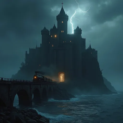 Prompt: A dark , weathered German nazi lair castle with blackened walls stands atop a high jagged black rock on the seashore . A steam train moves up on a slope to the castle along a winding railway that leads directly into the castle's open gate revealing a warmly lit interior .On the stormy waters a 1940's huge battleship fires its turret cannons at the castle . The scene is set at night under a sky filled with heavy , dark clouds . Mist . A lightning hits the lightning rod on the castle main tower .