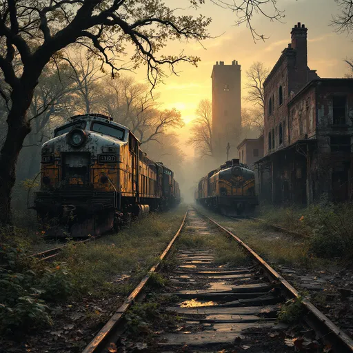 Prompt: A forgotten train depot overgrown with wild vegetation . Trees . Rusted and damaged diesel locomotives with peeling paint stand motionless their metal shells corroded by time . Crumbling , abandoned towering buildings their windows shattered and walls with peeling plaster add the eerie atmosphere of decay and neglect . Mist . Sunset . 