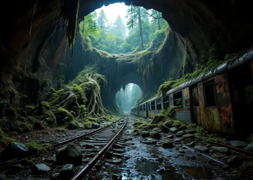 Prompt: An abandoned , rusted , old subway train in a dark underground filled with puddles and rusty railway tracks . A hole in the ceiling reveals a forest of old, gnarled , massive fir trees . An old , gnarled fallen fir tree has crashed through the opening . Roots and vegetal tendrils hang down from the gap . Fallen stones are scattered through the breach. Streams of rain water pour down through the hole in the ceiling . Fallen stones on the floor. Mist. Heavy rain. Overcast sky