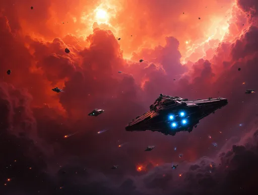 Prompt: A majestic , warm-colored nebula that transitions from deep orange and red near the center to a softer pink and lavender toward the edges . Multiple suns or bright stars glow intensely casting dramatic lighting that enhances the epic tone of the scene. Distant stars are scattered across the deep space backdrop . Immersive cosmic atmosphere . An enormous capital-command-class vessel with glowing blue thrusters passing by. Multiple squadrons of smaller ships leaving behind orange and blue trails . Asteroids and cosmic dust .