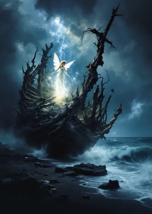 Prompt: A glowing fairy with delicate wings radiating light trapped between the rotten blackened ribs of a wrecked ship stranded on a beach of volcanic black sand . Mystical atmosphere. Mist . Stormy clouds. Stormy sea. The style of 19th-century realism .