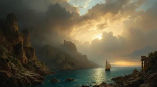 Prompt: A sailing ship exiting a cove surrounded by rocky cliffs covered in vegetation . Greek ruins . Mist. Turquoise water . The most striking element is the sky . Thick, billowing clouds stretch across the sky, heavy and textured with tones of grey, brown, and hints of blue. These clouds seem to part just enough to reveal a glowing band of soft, golden-yellow light near the horizon, suggesting either a sunrise or a sunset. This light gently spills across the landscape, casting a muted radiance that enhances the depth and mystery of the scene. The style of 19th-century realism .