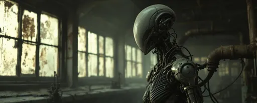 Prompt: A biomechanical figure in a dark, misty abandoned industrial hall with rusty , decaying machinery with a sickly , yellowish diffuse light of twilight that filters through the horizontal, long windows made of frosted, grimy and dirty glass reminiscent of the art style of Giger.
A surreal biomechanical humanoid figure integrated into a complex system of pipes and machinery. Its elongated head with a smooth , bald cranium and a pronounced, protruding muzzle-like structure , blends seamlessly  into a tubular apparatus giving the impression that the face is either encased or merging with the machine. The neck and torso are composed of ribbed , metallic textures and segmented components that resemble both anatomical muscles and industrial tubing . Several mechanical joints and cables are embedded along the figure's left arm and shoulder reinforcing the fusion of flesh and machine. The breast is visible and has a sculpted, artificial appearance further emphasizing the biomechanical hybrid nature of the subject. A large curved pipe loops from the mouth downward and connects to the midsection of the figure with other flexible tubes and ribbed conduits crisscrossing the composition . The background is dark and densely filled with mechanical textures-mesh patterns, wiring and industrial surfaces-enhancing the claustrophobic and cyber-organic atmosphere. The color palette is monochromatic dominated by shades of metallic gray , silver and black with subtle highlights that accentuate the slick, cold surfaces and contours of the figure and machinery .