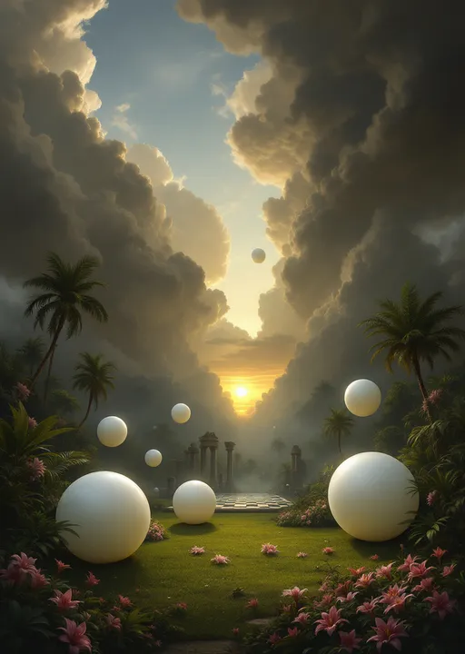 Prompt: Five round, white balloons of different sizes floating gently or resting on the lawn of a lush tropical  garden with plants and palms . Pink lilies. Ruins . A giant chess board. Mist. The atmosphere is serene and dreamlike with a sense of sacred stillness. The most striking element is the sky . Thick, billowing clouds stretch across the sky, heavy and textured with tones of grey, brown, and hints of blue. These clouds seem to part just enough to reveal a glowing band of soft, golden-yellow light near the horizon, suggesting either a sunrise or a sunset. This light gently spills across the landscape, casting a muted radiance that enhances the depth and mystery of the scene. The style of 19th-century realism .