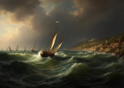 Prompt: A stormy sea near a coastal town  in the style of 19th-century realism rendered with striking realism and emotional depth. Dominating the foreground are the turbulent, foaming waves  in shades of green, blue, and white, their motion frozen in time as they roll and crash with great force. The sea appears restless and alive, suggesting the power and unpredictability of nature.

In the midground, a sailboat struggles against the waves. Its mast leans precariously, and the sail is stretched taut in the strong wind. The ship's white flag flutters violently, suggesting distress or surrender, while its hull cuts through the churning water. Around the ship, several other vessels are anchored or sailing, silhouetted against the dramatic sky. Their masts form a rhythmic pattern, contributing to the sense of depth and distance.

To the right, a coastal town stretches along the shore, painted in warm, golden tones that contrast with the dark sea and sky. The buildings are nestled closely together, and a hill rises behind them, possibly crowned by a fortress or larger structure. The lights and colors of the town add a touch of calm and warmth to the otherwise intense and brooding scene.

Above, the sky dominates much of the composition. It is filled with swirling clouds, transitioning from a pale, yellowish hue near the top to darker, more ominous tones near the horizon. Light breaks through in patches, casting an eerie glow over the sea and ships. Seagulls dot the sky, their white forms standing out against the stormy backdrop and reinforcing the maritime setting.

The overall mood of the scene is one of tension and awe.

