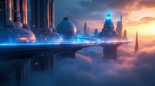 Prompt: A suspended sci-fi information superhighway carrying streams of bright blue and orange light beams winding its way through a dark futuristic sci-fi cityscape. Mist. The highway twists and curves between towering white sci-fi buildings in spherical , pyramidal , truncated cone and truncated pyramid shapes covered with scattered blue and orange lights . Darkness. Sunset .