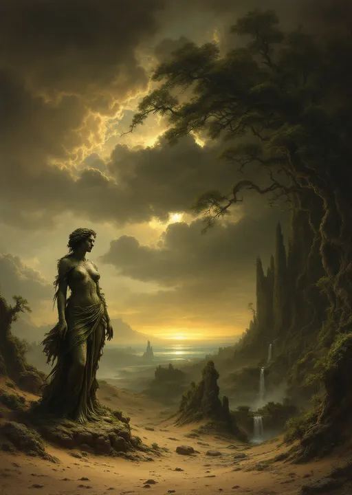 Prompt: The weathered and covered with moss statue of Venus without arms partially buried in sand .
Sand dunes covered with an enchanted , mysterious, lush forest with gnarled, lush, magical trees with tangled web of roots emerging from the ground . Strange, mysterious, slender towering ruins. Waterfalls. Mist. A turquoise pond . The most striking element is the sky . Thick, billowing clouds stretch across the sky, heavy and textured with tones of grey, brown, and hints of blue. These clouds seem to part just enough to reveal a glowing band of soft, golden-yellow light near the horizon, suggesting either a sunrise or a sunset. This light gently spills across the landscape, casting a muted radiance that enhances the depth and mystery of the scene. The style of 19th-century realism .