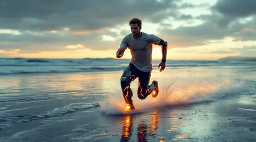 Prompt: A young man in a dirty t-shirt with high-tech robotic legs runs at incredible speed on a beach covered with a thin layer of water. The robotic legs are made of angular , faceted metal plates resembling volcanic crystal formations with sharp geometric edges. Glowing lava-like cracks run through the surface of the legs emitting a deep orange-red light. As he sprints water vapor and droplets burst into the air behind him creating a trail of mist and glowing energy .Mist. Dramatic sunset .The sunset casts warm reflections on the wet sand highlighting the contrast between organic motion and futuristic design. 
