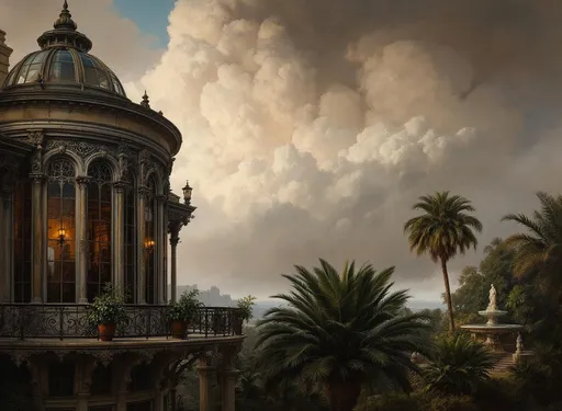 Prompt: A painting in the style of 19th-century realism. A rotunda seen from outside with an ornate domed roof and tall, narrow and arched windows with panes with richly decorated wrought iron frames shaped like intricate filigree featuring delicate curls and lace-like metalwork. The rotunda features an elegant balcony with weathered, ornate, mossy stone railings with a glass roof supported by ornate wrought iron shaped like intricate filigree featuring delicate curls and lace-like metalwork (and decorated with frames made of ornate wrought iron shaped like intricate filigree featuring delicate curls and lace-like metalwork). The balcony is adorned with large pots with lush, tropical plants and palms. Weathered, mossy statues. A garden with lush tropical plants and palms and weathered, mossy statues and a fountain with a statue. Mist. The most striking element is the sky. Thick, billowing clouds stretch across the sky, heavy and textured with tones of grey, brown, and hints of blue. These clouds seem to part just enough to reveal a glowing band of soft, golden-yellow light near the horizon, suggesting either a sunrise or a sunset. This light gently spills across the landscape, casting a muted radiance that enhances the depth and mystery of the scene. Shafts of sunlight.