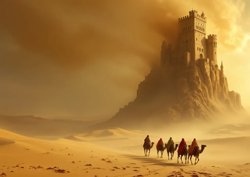 Prompt: On the right a towering fairytale-style castle perched on a rocky cliff crumbles into sand swept away by the wind . On the left sand dunes stretch into the distance as tuareg nomads on camels approach the castle their flowing garments billowing in the wind. The air is thick with dust and the golden muted sun shines dimly veiled by the swirling haze .