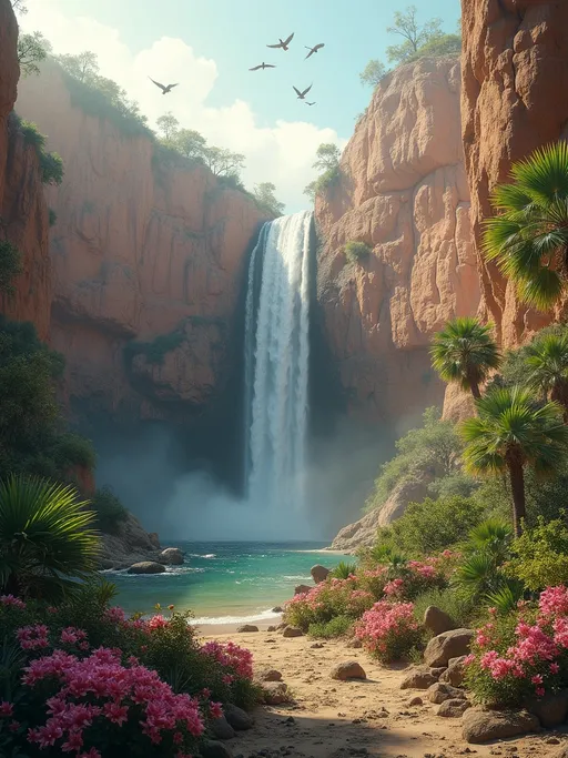 Prompt: Sandy cliffs and arid terrain . A tall waterfall with a double drop . Tropical shrubs , tropical flowers , pink lilies , tropical lush vegetation and palm trees . Birds soaring in the sky . Sunlight . Mist 