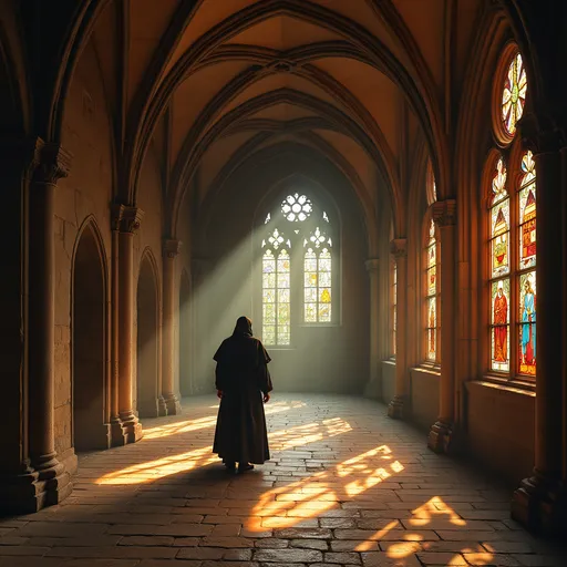 Prompt: the corridor of a Gothic abbey, the light filters onto the floor through the stained glass windows leaving colored traces of light , the ceiling has Gothic ribs , a hooded franciscan monk walking on he corridor