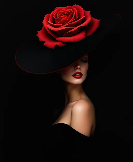 Prompt: A painting in the style of 19th-century realism. A highly stylized elegant painting of a woman in a modern graphic-art style.
A woman is shown from the chest up turned slightly in three-quarter profile facing toward the left side of the composition. Her posture is poised and graceful with an elongated neck and gently sloping shoulders. Her skin is smooth and softly illuminated with warm peach-toned highlights that contrast against the deep black background.
She wears a very wide-brimmed black hat that dominates the upper half of the image. The hat is textured with subtle, concentric curved lines that give it a sculptural almost pleated appearance. Its brim tilts downward obscuring her eyes completely and casting her upper face in shadow. A thin red trim outlines the edge of the brim. Instead of a calotte the hat is topped by a large, fully bloomed red rose which completely replaces the crown and sits directly above the head. The woman's lips are vividly painted in a deep red and they are slightly parted forming a calm, composed expression. A small beauty mark is visible on her cheek. Her hair dark and softly wavy flows behind her shoulder partially visible on the right side of the image blending gently into the dark background. She wears a strapless black dress that mirrors the hat's texture with faint linear ridges and a thin red edge along the neckline. The overall color palette is restrained and sophisticated dominated by black, red and warm skin tones. The background is entirely black. The image evokes a sense of timeless elegance, mystery and classic femininity reminiscent of high-fashion illustration. 