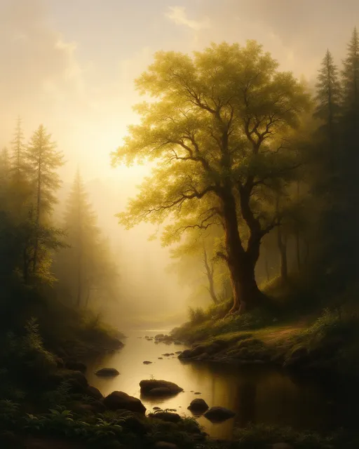 Prompt: A luminous, romantic-style landscape , that captures the quiet majesty of a forested riverside in the style of 19th-century realism.
A lush, tranquil forest scene bathed in the warm, golden light of either dawn or dusk. The light source comes from the upper left corner, casting a radiant glow through the trees and illuminating the misty atmosphere of the forest with a soft, ethereal effect.

In the foreground, a gentle river or stream flows calmly, reflecting the muted colors of the trees and sky above. The water is dark but serene, suggesting depth and stillness. The riverbank is lined with dense, green foliage—broad-leaved plants, mosses, and ferns—that thrive among the rocks scattered at the base of the trees.

A large trees dominate the scene, their leafy canopies reaching high into the sky and partially obscuring it. On the right side, the forest becomes darker and denser, filled with tall evergreens and deciduous trees, which add contrast to the light-soaked left side. The way the light filters through the branches and mists gives the scene a magical, almost sacred feeling—inviting but untouched.

In the background, the forest continues into the distance, becoming more abstract and bluish due to atmospheric perspective, adding depth and a sense of infinity to the composition. The sky is partly cloudy, with soft, creamy textures that enhance the overall mood of peacefulness and solitude.

There are no human figures or signs of civilization, emphasizing the purity and untouched quality of the natural setting. The artist’s focus seems to be on the harmony between light and shadow, detail and atmosphere, creating a poetic vision of nature as a sanctuary.


