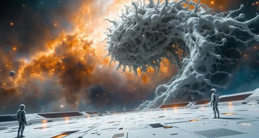Prompt: A massive interconnected neural-like structure made of white material stretching across space. It levitates above a giant white sci-fi platform covered with panels and antennas illuminated sparsely by a few small orange lights extending beyond the horizon . A white humanoid robot stands on the platform gazing upward at the neural structure . The background is a vibrant nebula with deep space colors including fiery oranges , blues and cosmic dust .