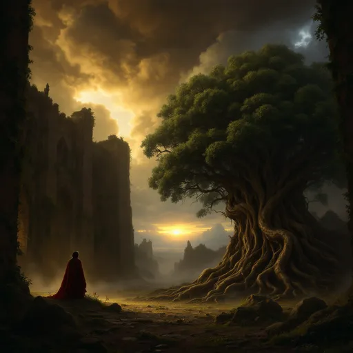 Prompt: A massive, gnarled and lush tree with an intricate web of roots growing inside a ruined, vast, dark cathedral. Mist. Walls covered in creeping vines and moss . The most striking element is the sky . Thick, billowing clouds stretch across the sky, heavy and textured with tones of grey, brown, and hints of blue. These clouds seem to part just enough to reveal a glowing band of soft, golden-yellow light near the horizon, suggesting either a sunrise or a sunset. This light gently spills across the landscape, casting a muted radiance that enhances the depth and mystery of the scene. The style of 19th-century realism.