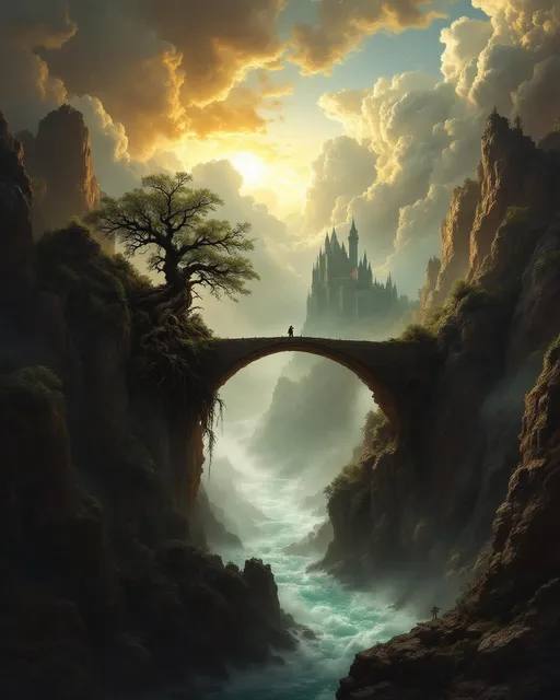 Prompt: A dramatic upward perspective from the bottom of a deep chasm , looking toward a high stone bridge spanning the gap far above . The bridge leads to a distant fairytale towering castle perched on a cliff . At the bottom of the chasm a turbulent turquoise river flows with intensity . Mist. On one steep slope of the chasm a massive , lush , gnarled , magical tree rises majestically its twisted roots gripping the rock . The most striking element is the sky . Thick, billowing clouds stretch across the sky, heavy and textured with tones of grey, brown, and hints of blue. These clouds seem to part just enough to reveal a glowing band of soft, golden-yellow light near the horizon, suggesting either a sunrise or a sunset. This light gently spills across the landscape, casting a muted radiance that enhances the depth and mystery of the scene. The style of 19th-century realism.