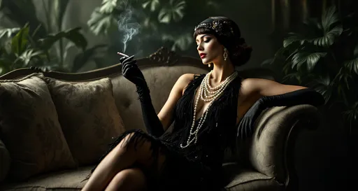 Prompt: An 1920 elegant woman sitting on a french design vintage carved birch sofa with upholstery with floral motifs in a misty room . Big pots with lush tropical plants.  Her legs are crossed . She is slightly leaning back into the sofa. Her head is tilted slightly downward and to the right creating a dramatic shadow over part of her face . Her right arm is raised and bent at the elbow resting on the back of the sofa . She is holding a long cigarette holder with a lit cigarette between her fingers in a classic , almost film noir pose. The cigarette emits a thin trail of smoke that curls upward. Her left arm is resting casually on her lap.
She wears a stunning black fringe flapper-style evening dress with shimmering beads and sequins featuring multiple layers of flowing fringes that sway with her movement .
She has on long, elbow-lenght black satin gloves . Multiple strands of long , white faux pearls are draped around her neck . She wears a black headband adorned on the side tightly against her temple with a decorative burgundy feather and a central jewel worn low across her forehead in classic flapper fashion. She has dangling pearl earrings. Her hair is styled in a neat , vintage inspired updo with finger waves parted in the center and tucked into the back staying true to 1920s hairstyles .
Shea also wears a pair of black and white heels with low block heels typical of the era. Dim light filtering through windows .